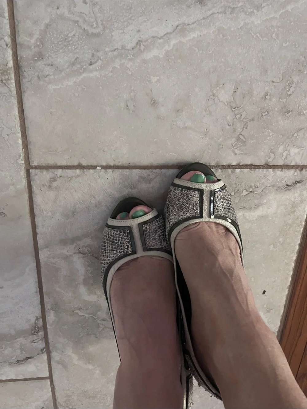 Well worn Tory Burch Gray and Black Peep-Toe Heels